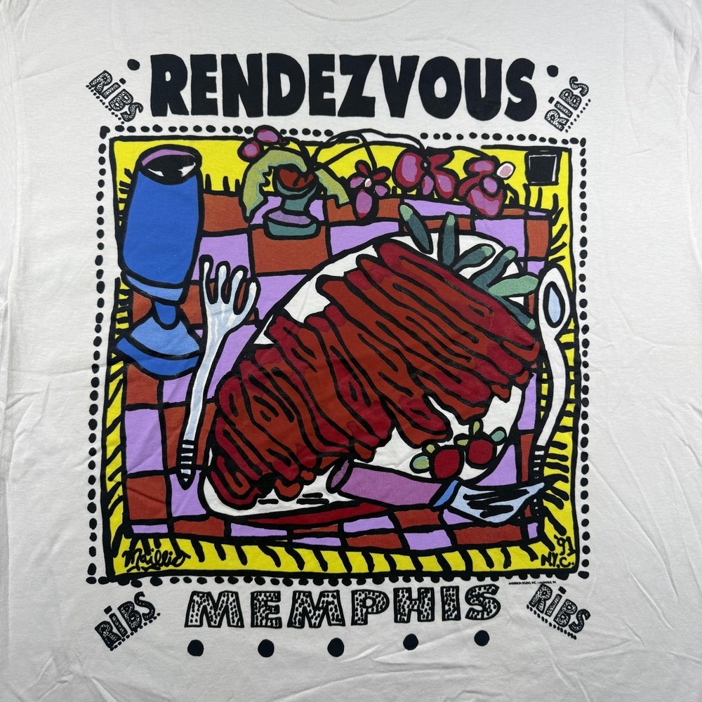 Charlie Vergos Rendezvous Shirt Mens 2XL White Memphis Ribs Myles Maillie Art